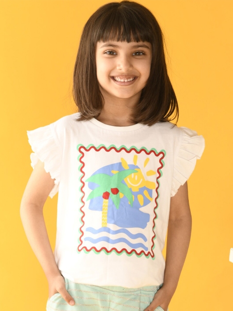 

Anthrilo Girls White & Sea Green Printed T-shirt with Shorts