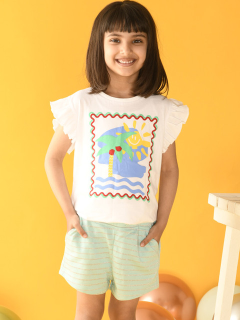 

Anthrilo Girls White & Sea Green Printed T-shirt with Shorts