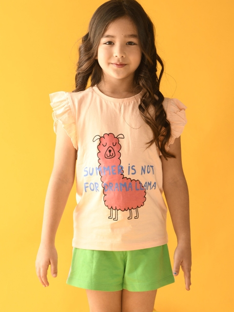 

Anthrilo Girls Peach-Coloured & Green Printed T-shirt with Shorts