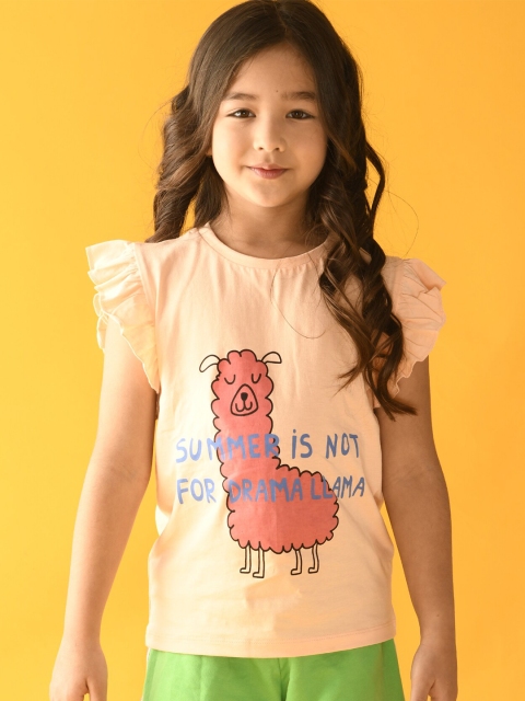 

Anthrilo Girls Peach-Coloured & Green Printed T-shirt with Shorts