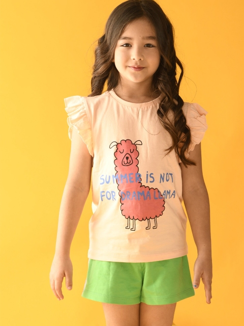 

Anthrilo Girls Peach-Coloured & Green Printed T-shirt with Shorts