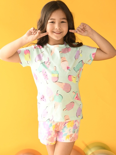 

Anthrilo Girls Sea Green & White Printed T-shirt with Trousers