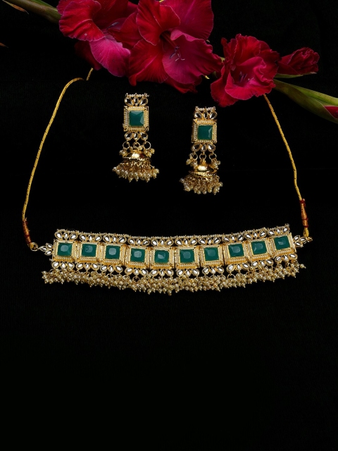 

SOHI Gold-Plated Sea Green Kundan-Studded & Pearl Beaded Jewellery Set