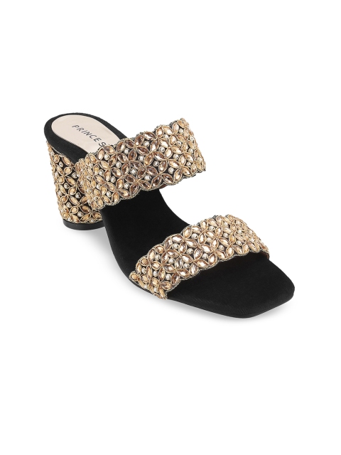 

Metro Black & Gold-Toned Embellished Block Sandals