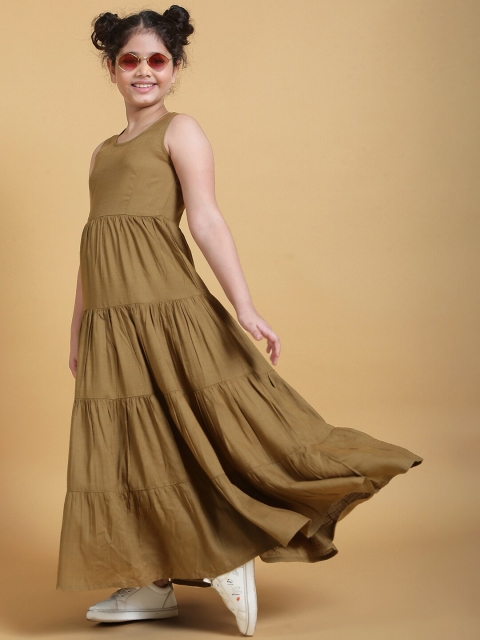 

titliyan Girls Olive Solid Tiered Maxi Dress