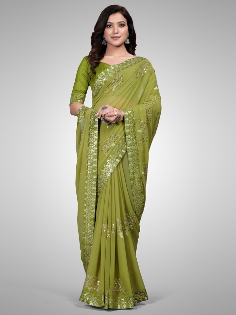 

Mitera Green Sequinned Embroidered Pure Georgette Saree