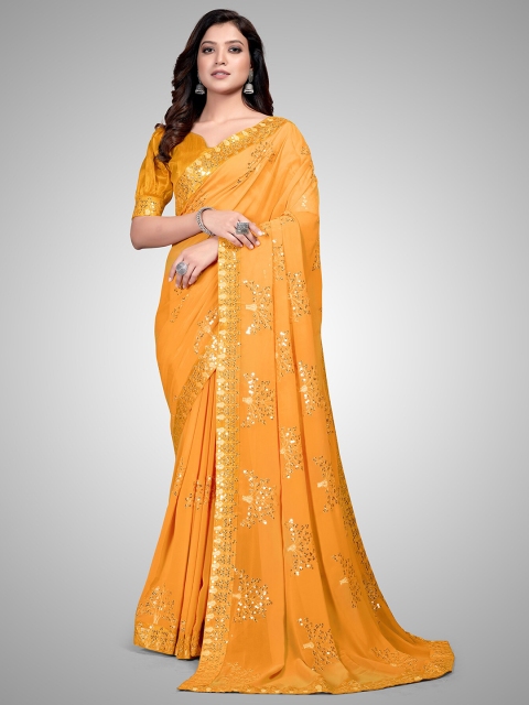 

Mitera Mustard Yellow Embellished Sequinned Pure Georgette Saree