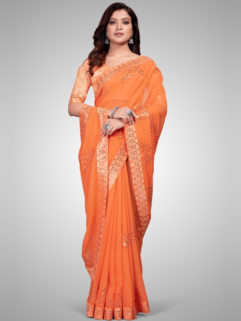 

Mitera Orange Embellished Sequinned Pure Georgette Saree