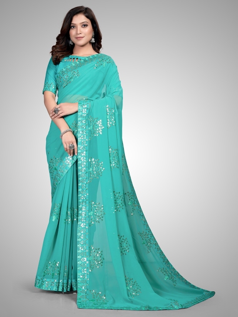 

Mitera Turquoise Blue & Silver-Toned Embellished Sequinned Pure Georgette Saree