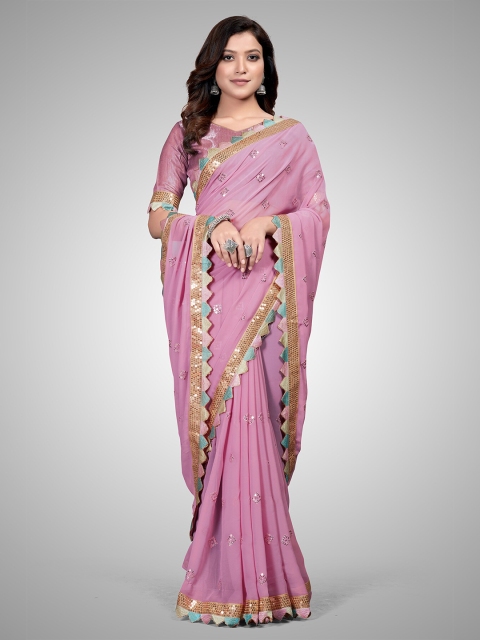 

Mitera Pink Embellished Sequinned Pure Georgette Saree