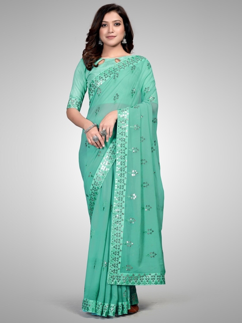

Mitera Teal & Silver-Toned Embellished Sequinned Pure Georgette Saree