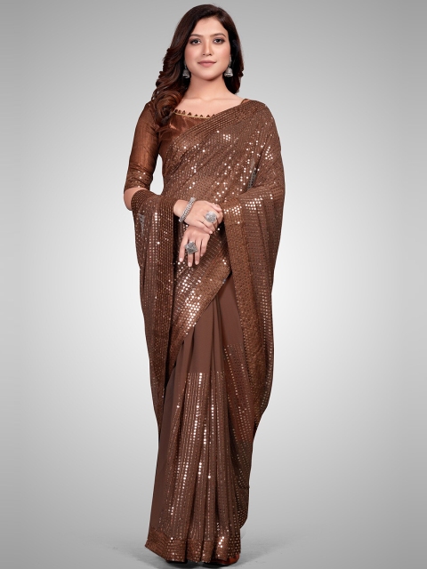 

Mitera Coffee Brown & Silver-Toned Embellished Sequinned Pure Georgette Saree