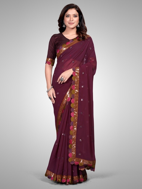 

Mitera Purple & Gold-Toned Embellished Sequinned Pure Georgette Saree