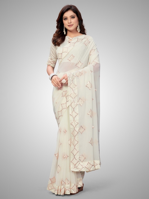 

Mitera Cream-Coloured Embellished Sequinned Pure Georgette Saree