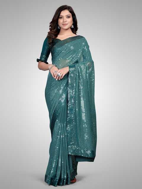 

Mitera Teal & Silver-Toned Embellished Sequinned Pure Georgette Saree