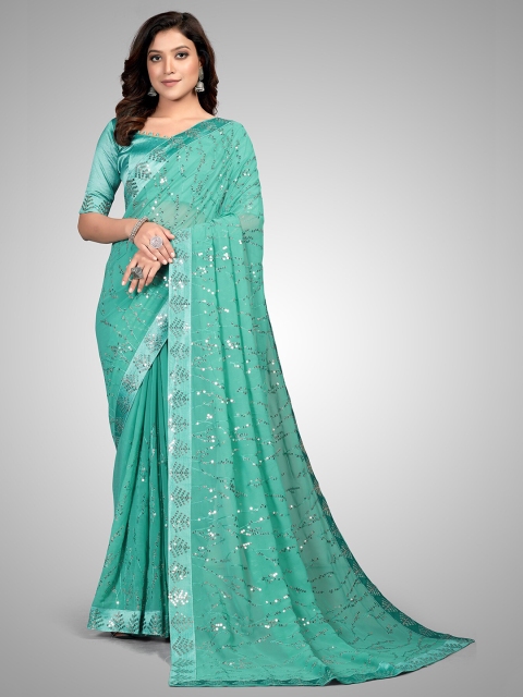 

Mitera Teal & Silver-Toned Embellished Sequinned Pure Georgette Saree