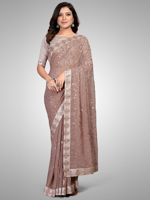 

Mitera Beige & Grey Embellished Sequinned Pure Georgette Saree