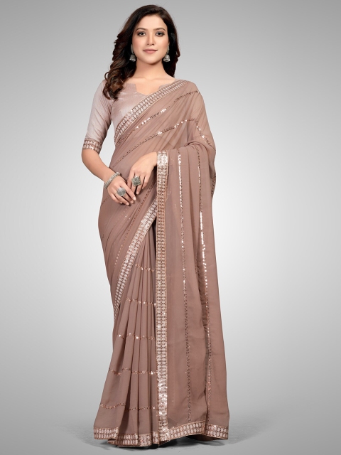 

Mitera Brown & Silver-Toned Embellished Sequinned Pure Georgette Saree