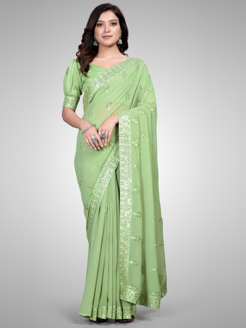 

Mitera Green & Gold-Toned Embellished Sequinned Pure Georgette Saree