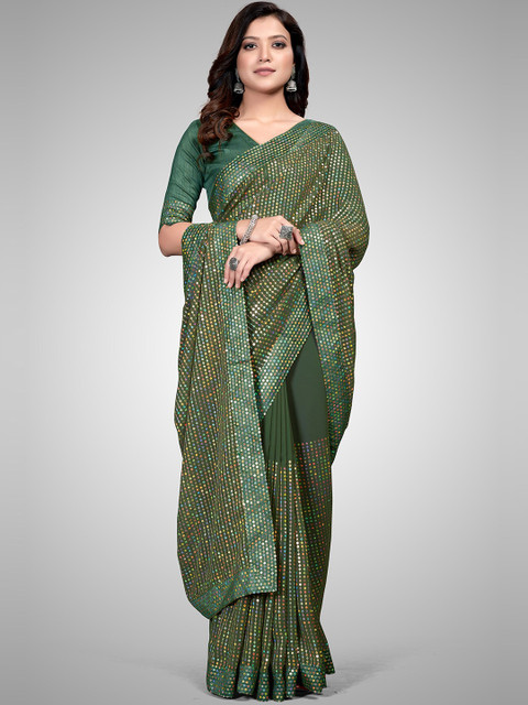

Mitera Green & Yellow Embellished Sequinned Pure Georgette Saree