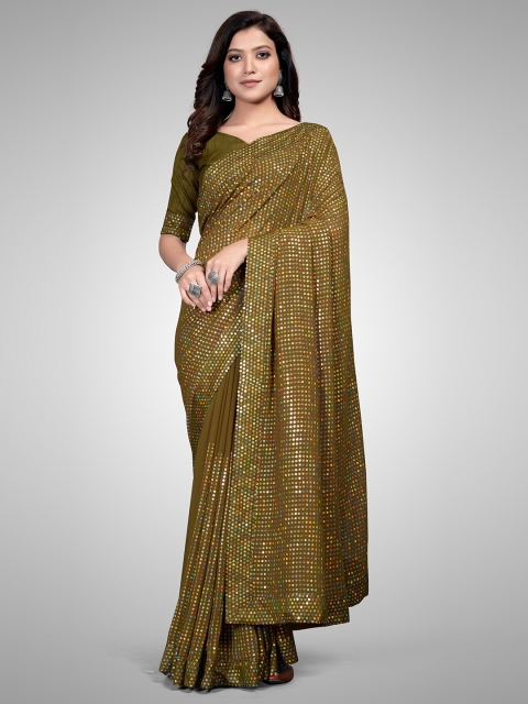 

Mitera Olive Green Embellished Sequinned Pure Georgette Saree