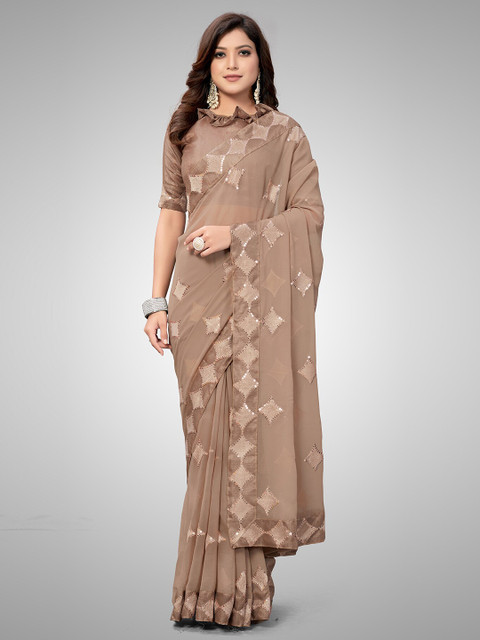 

Mitera Beige Embellished Sequinned Pure Georgette Saree