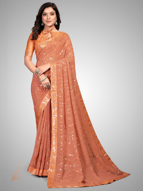 

Mitera Orange Embellished Sequinned Pure Georgette Saree