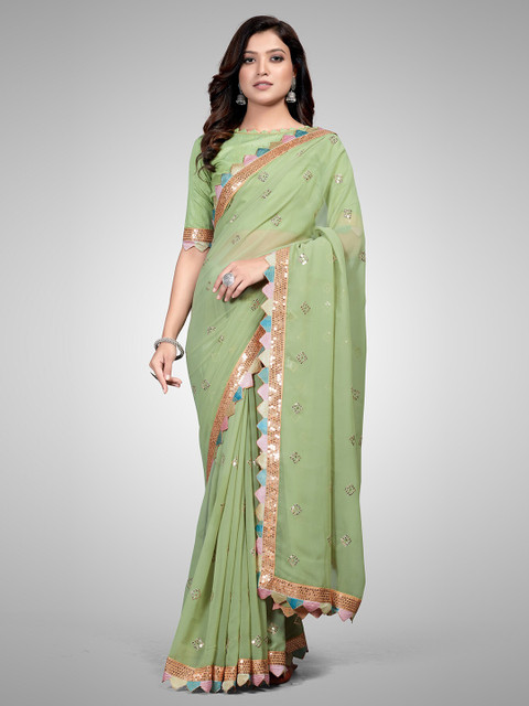 

Mitera Green Embellished Sequinned Pure Georgette Saree