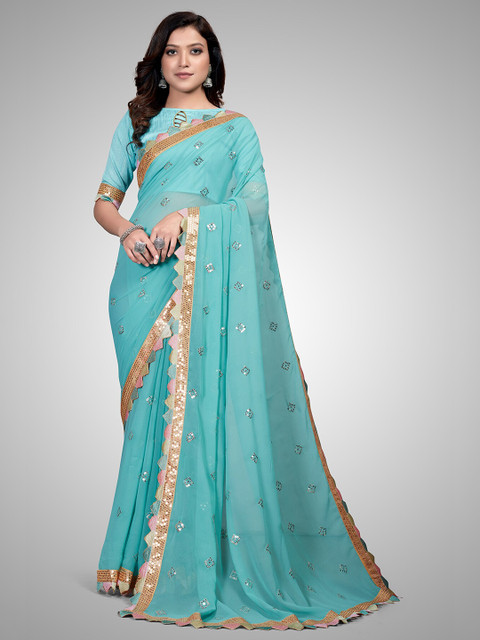

Mitera Turquoise Blue & Gold-Toned Embellished Sequinned Pure Georgette Saree