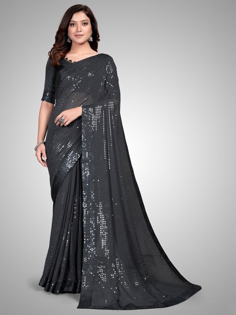 

Mitera Grey Embellished Sequinned Pure Georgette Saree