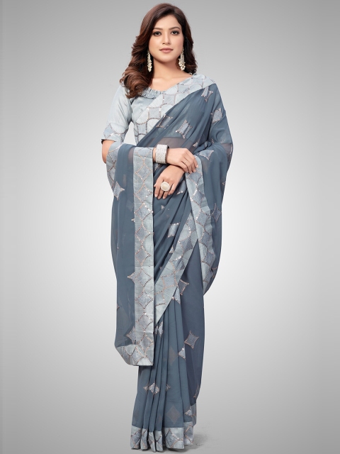 

Mitera Grey & Silver-Toned Embellished Sequinned Pure Georgette Saree