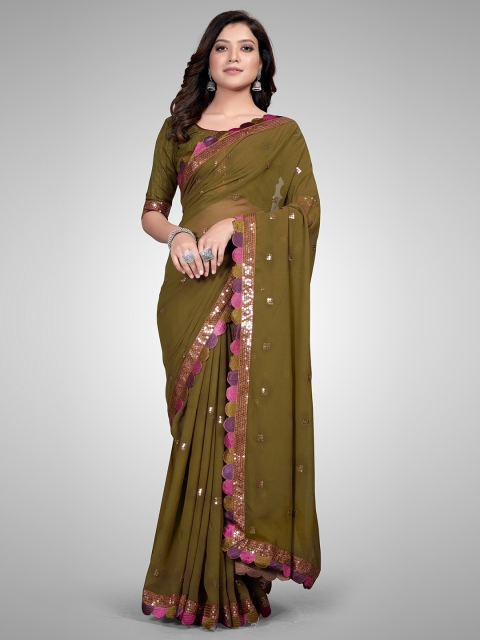 

Mitera Olive Green Embellished Sequinned Pure Georgette Saree