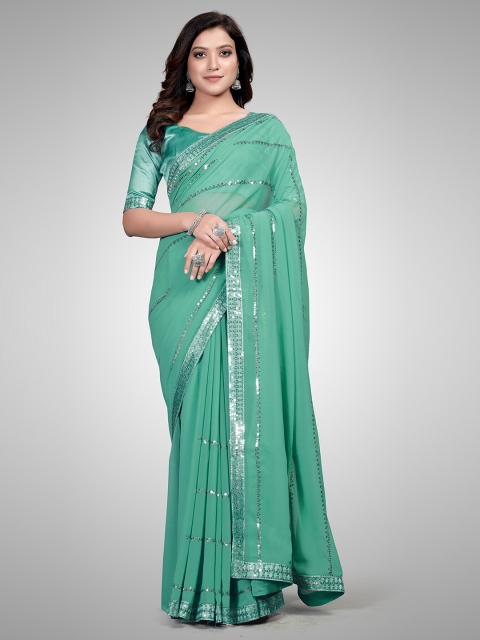

Mitera Teal Blue Embellished Sequinned Pure Georgette Saree