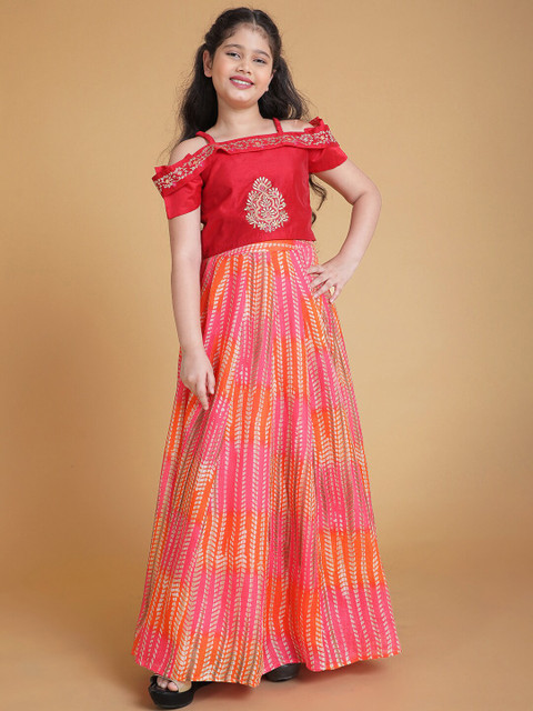 

titliyan Girls Red & Pink Embellished Ready to Wear Lehenga & Choli