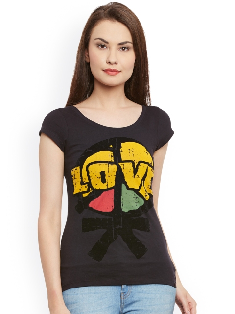 

PUNK Women Black Printed Round Neck T-shirt