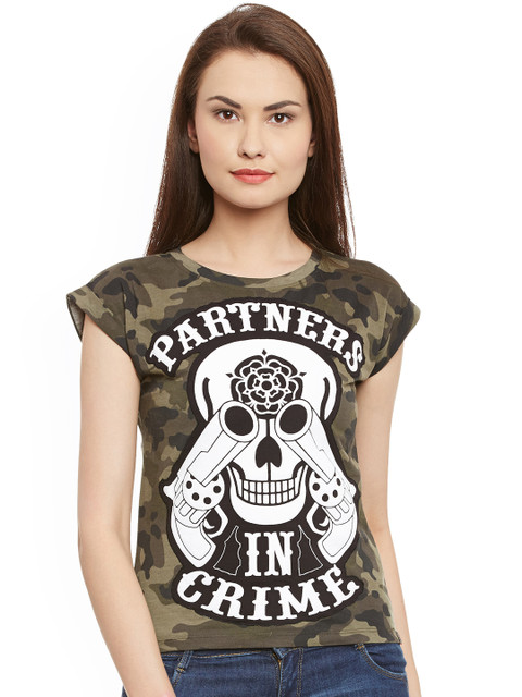 

PUNK Women Khaki Camouflage Print Round Neck T-shirt