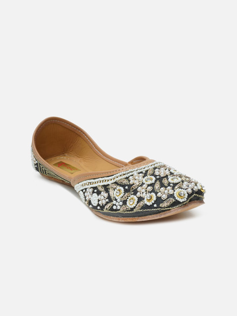 

Ta Chic Women Black Leather Pearls Embellished Mojaris Flats