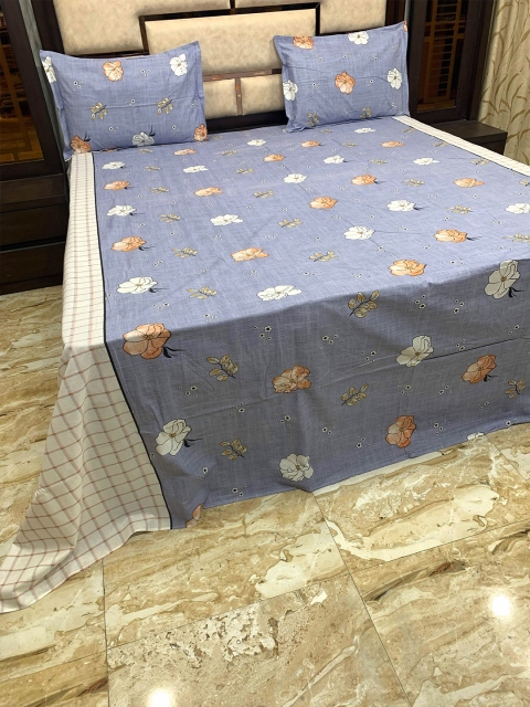 

Pure Decor Blue & Beige Floral 400 TC King Bedsheet with 2 Pillow Covers