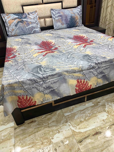 

Pure Decor Grey & Red Floral 400 TC Queen Bedsheet with 2 Pillow Covers