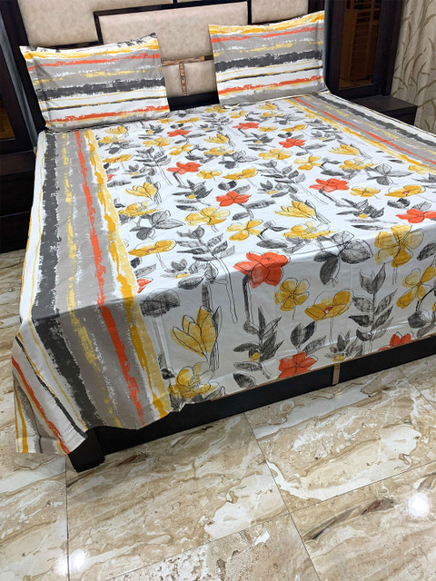 

Pure Decor Yellow & White Floral 300 TC Queen Bedsheet with 2 Pillow Covers