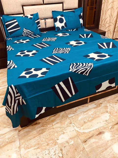 

Pure Decor Blue & White Geometric 400 TC Queen Bedsheet with 2 Pillow Covers