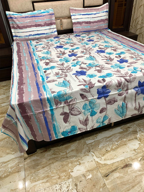 

Pure Decor Blue & White Floral 300 TC Queen Bedsheet with 2 Pillow Covers