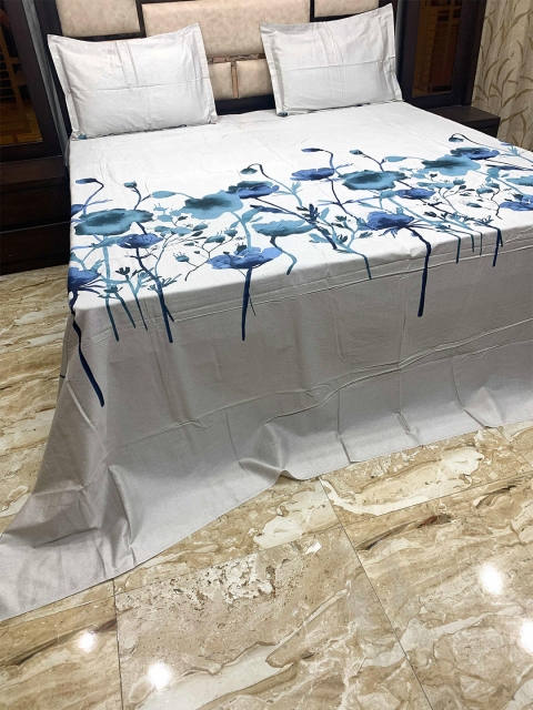 

Pure Decor Grey & Blue Floral King Bedsheet with 2 Pillow Covers
