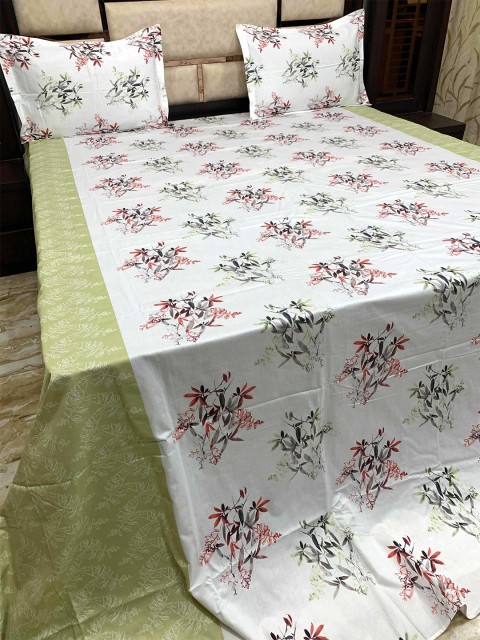

Pure Decor Green & White Floral 400 TC King Bedsheet with 2 Pillow Covers