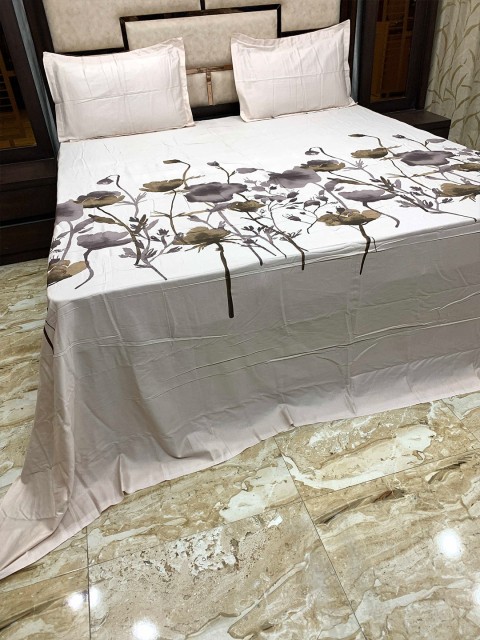 

Pure Decor Peach-Coloured & Grey 500 TC Floral King Bedsheet with 2 Pillow Covers