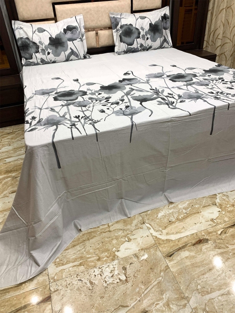 

Pure Decor White & Grey Floral 500TC Cotton King Bedsheet with 2 Pillow Covers