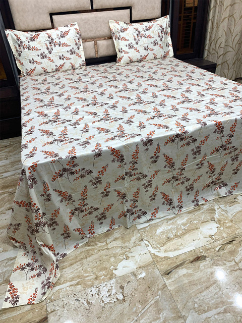 

Pure Decor Yellow & Peach-Coloured Floral King Bedsheet with 2 Pillow Covers, White