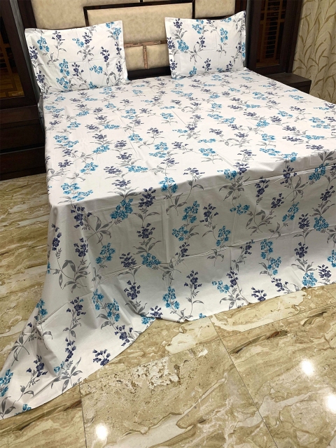 Pure Decor White & Blue Floral 400 TC King Bedsheet with 2 Pillow Covers