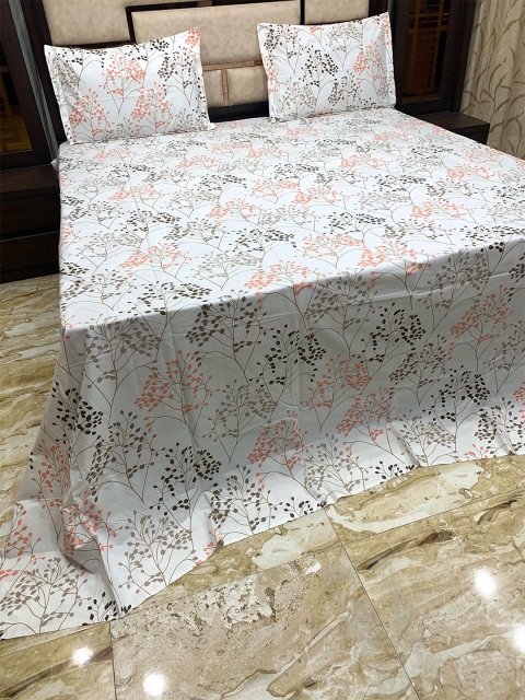 

Pure Decor White & Orange Floral 400 TC King Bedsheet with 2 Pillow Covers