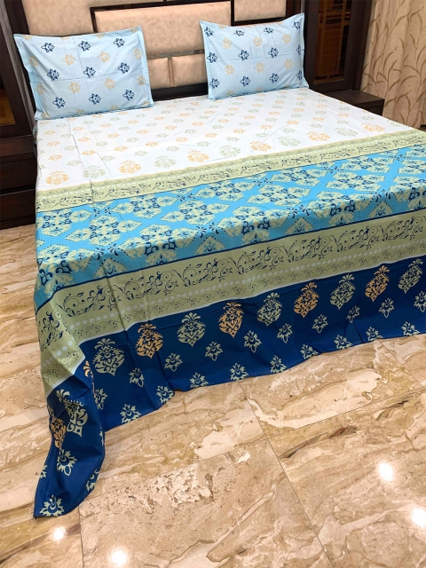 

Pure Decor Blue & Cream-Coloured Ethnic Motifs 400 TC King Bedsheet with 2 Pillow Covers